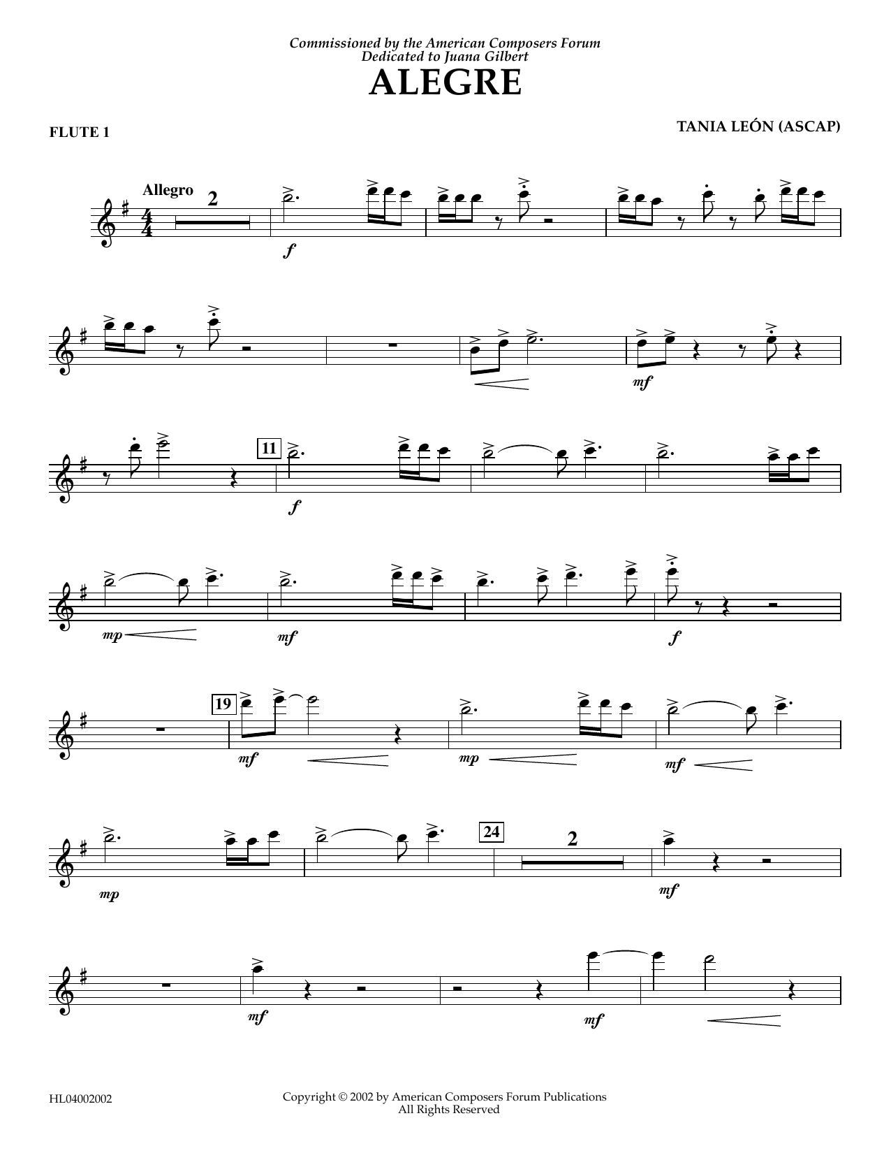 Tania Leon Alegre - Flute 1 Sheet Music Notes & Chords for Concert Band - Download or Print PDF