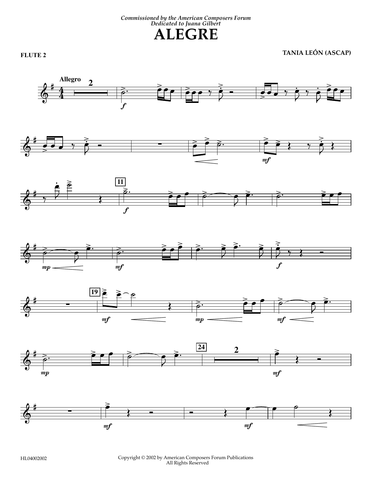 Tania Leon Alegre - Flute 2 Sheet Music Notes & Chords for Concert Band - Download or Print PDF