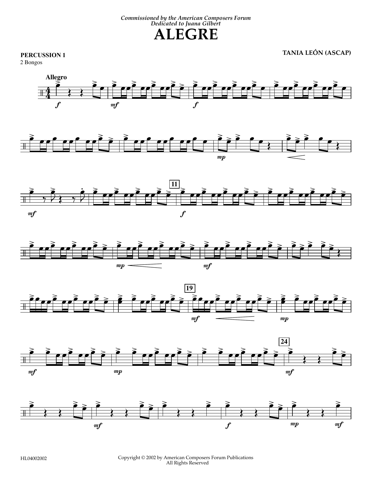Tania Leon Alegre - Percussion 1 Sheet Music Notes & Chords for Concert Band - Download or Print PDF
