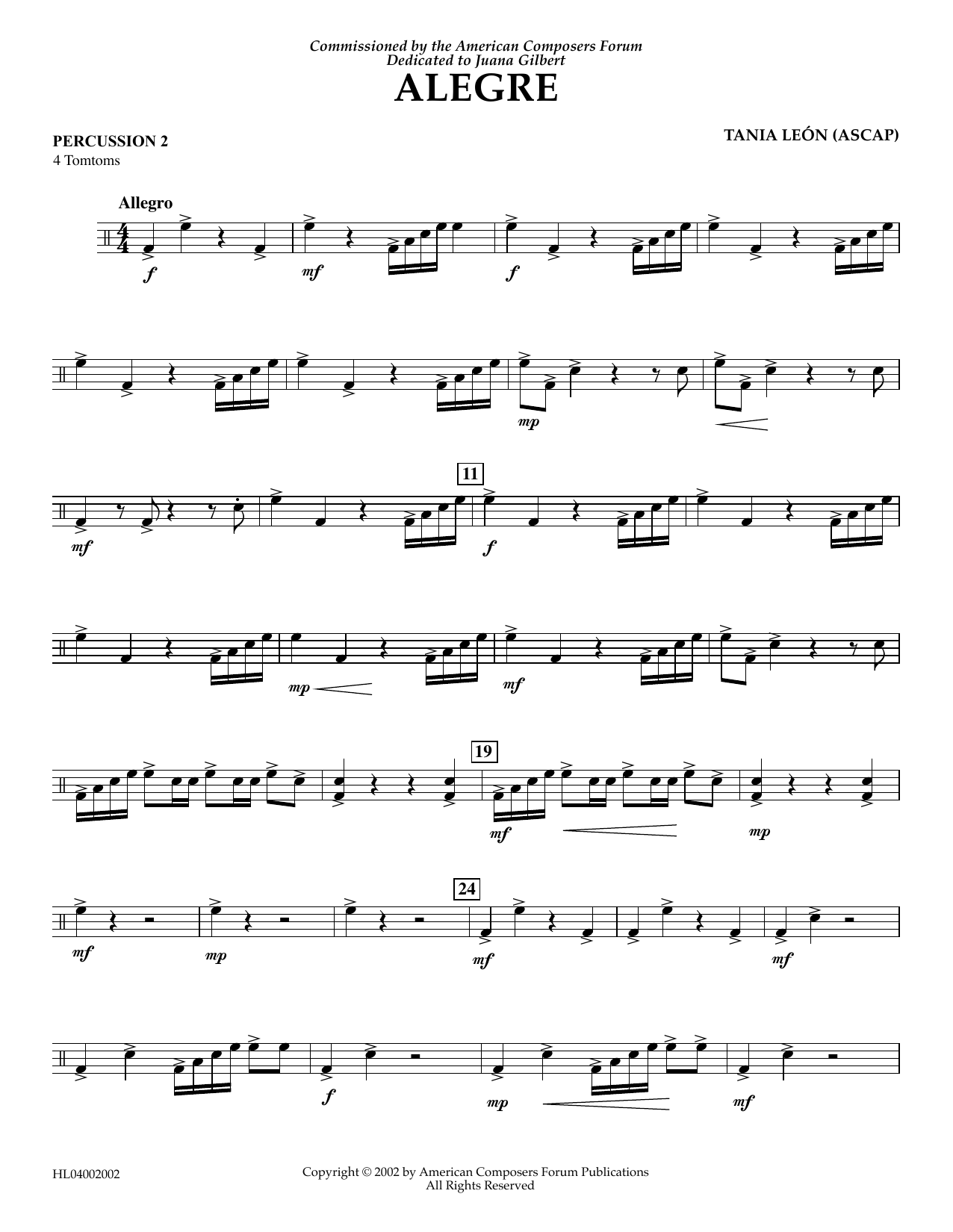 Tania Leon Alegre - Percussion 2 Sheet Music Notes & Chords for Concert Band - Download or Print PDF