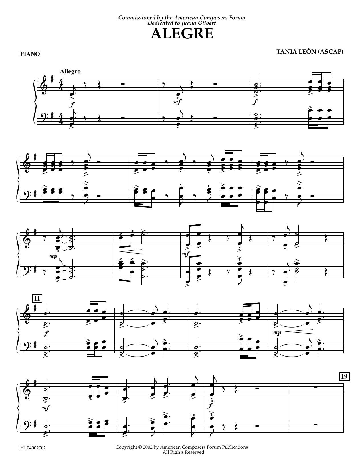 Tania Leon Alegre - Piano Sheet Music Notes & Chords for Concert Band - Download or Print PDF