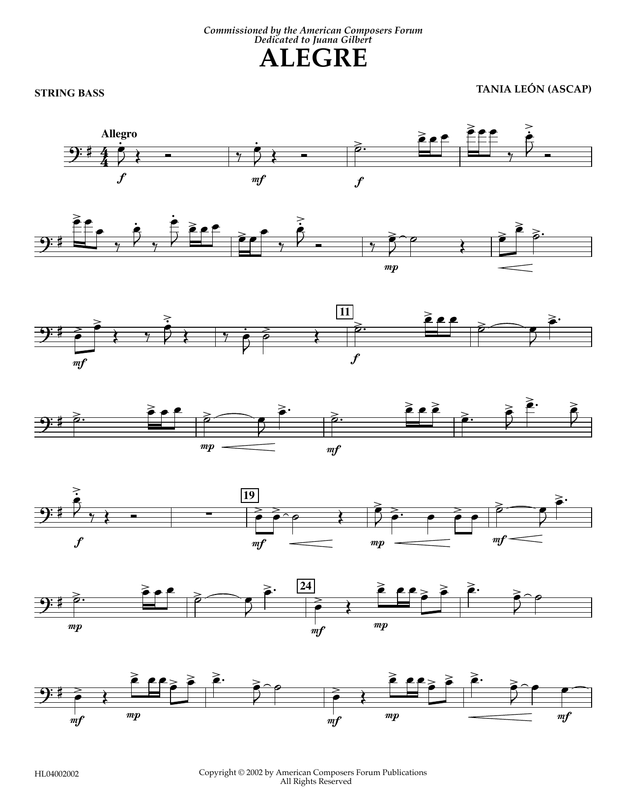 Tania Leon Alegre - String Bass Sheet Music Notes & Chords for Concert Band - Download or Print PDF