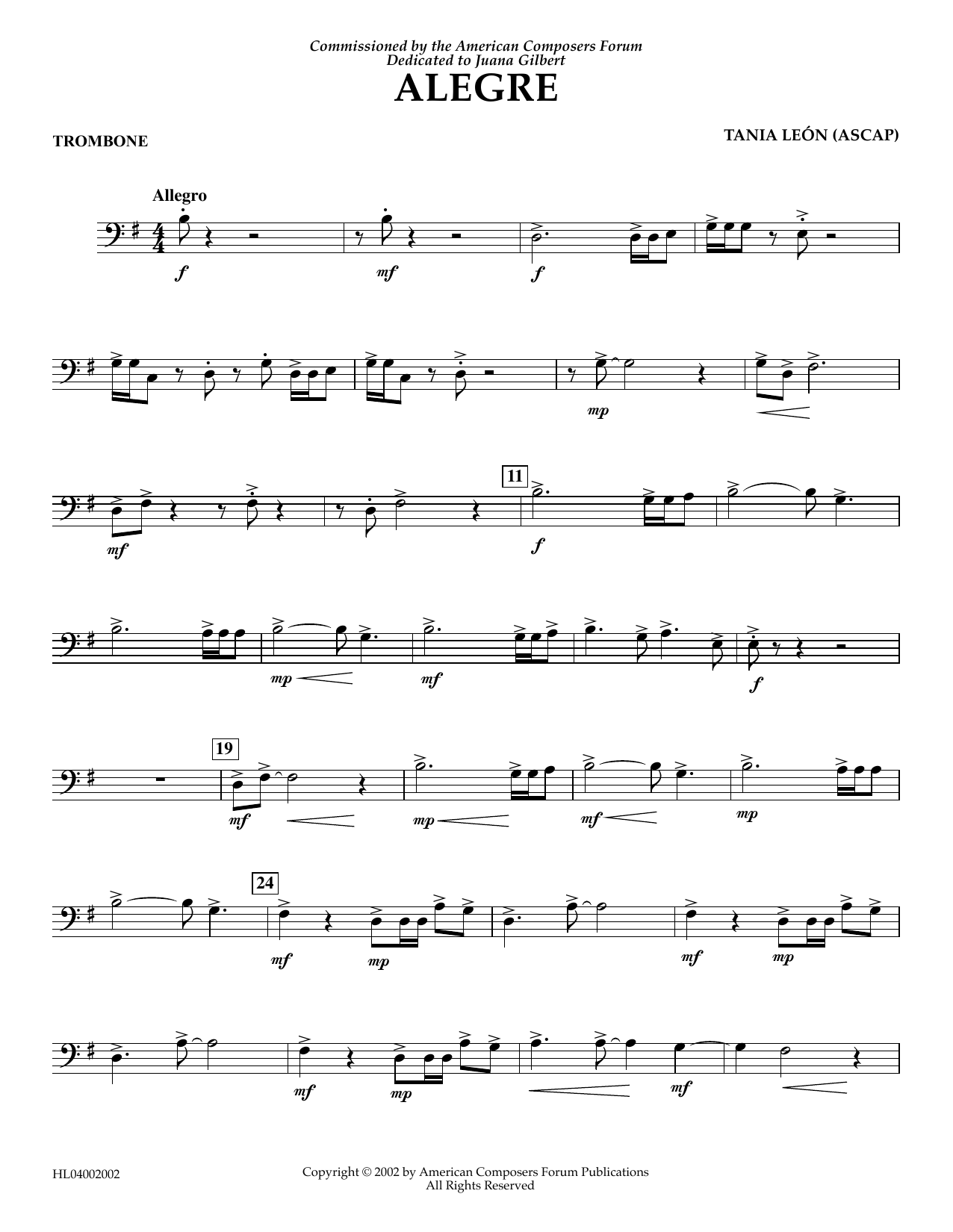 Tania Leon Alegre - Trombone Sheet Music Notes & Chords for Concert Band - Download or Print PDF