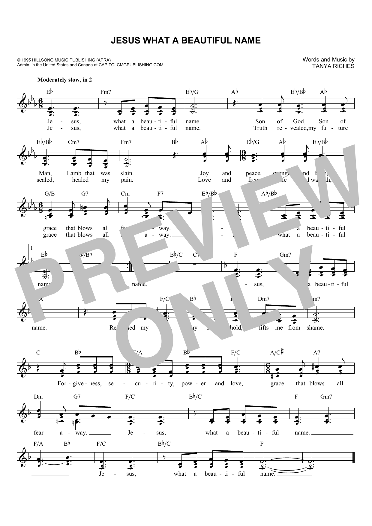 Tanya Riches Jesus What A Beautiful Name Sheet Music Notes & Chords for Melody Line, Lyrics & Chords - Download or Print PDF
