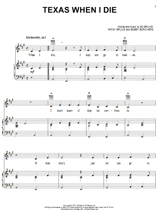 Tanya Tucker Texas When I Die Sheet Music Notes & Chords for Piano, Vocal & Guitar (Right-Hand Melody) - Download or Print PDF