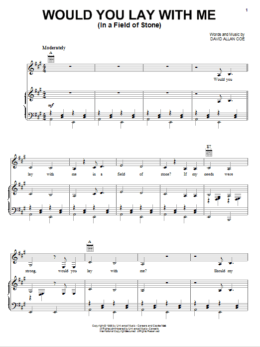 Tanya Tucker Would You Lay With Me (In A Field Of Stone) Sheet Music Notes & Chords for Piano, Vocal & Guitar (Right-Hand Melody) - Download or Print PDF