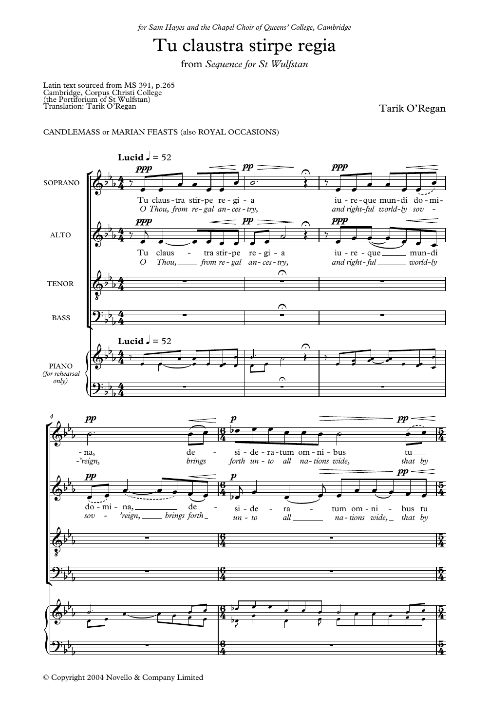 Tarik O'Regan Tu Claustra Stirpe Regia (From Sequence for St Wulfstan) Sheet Music Notes & Chords for Choir - Download or Print PDF