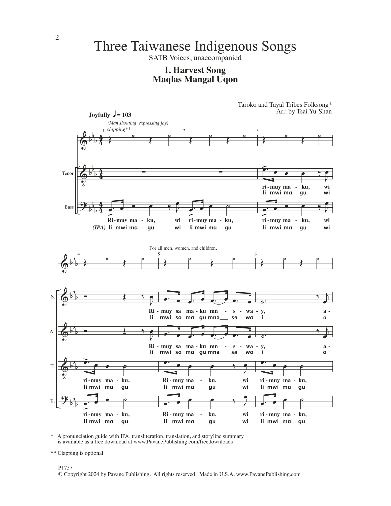 Taroko Tribe Folksong Three Taiwanese Indigenous Songs (arr. Tsai Yu-shan) Sheet Music Notes & Chords for SATB Choir - Download or Print PDF