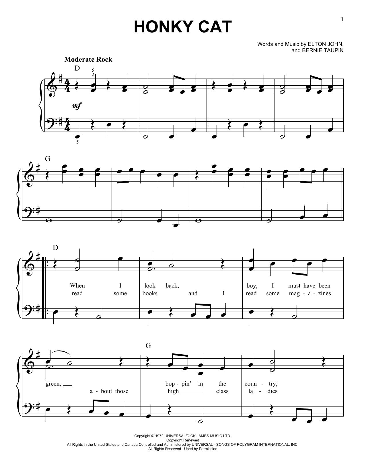 Taron Egerton & Richard Madden Honky Cat (from Rocketman) Sheet Music Notes & Chords for Easy Piano - Download or Print PDF