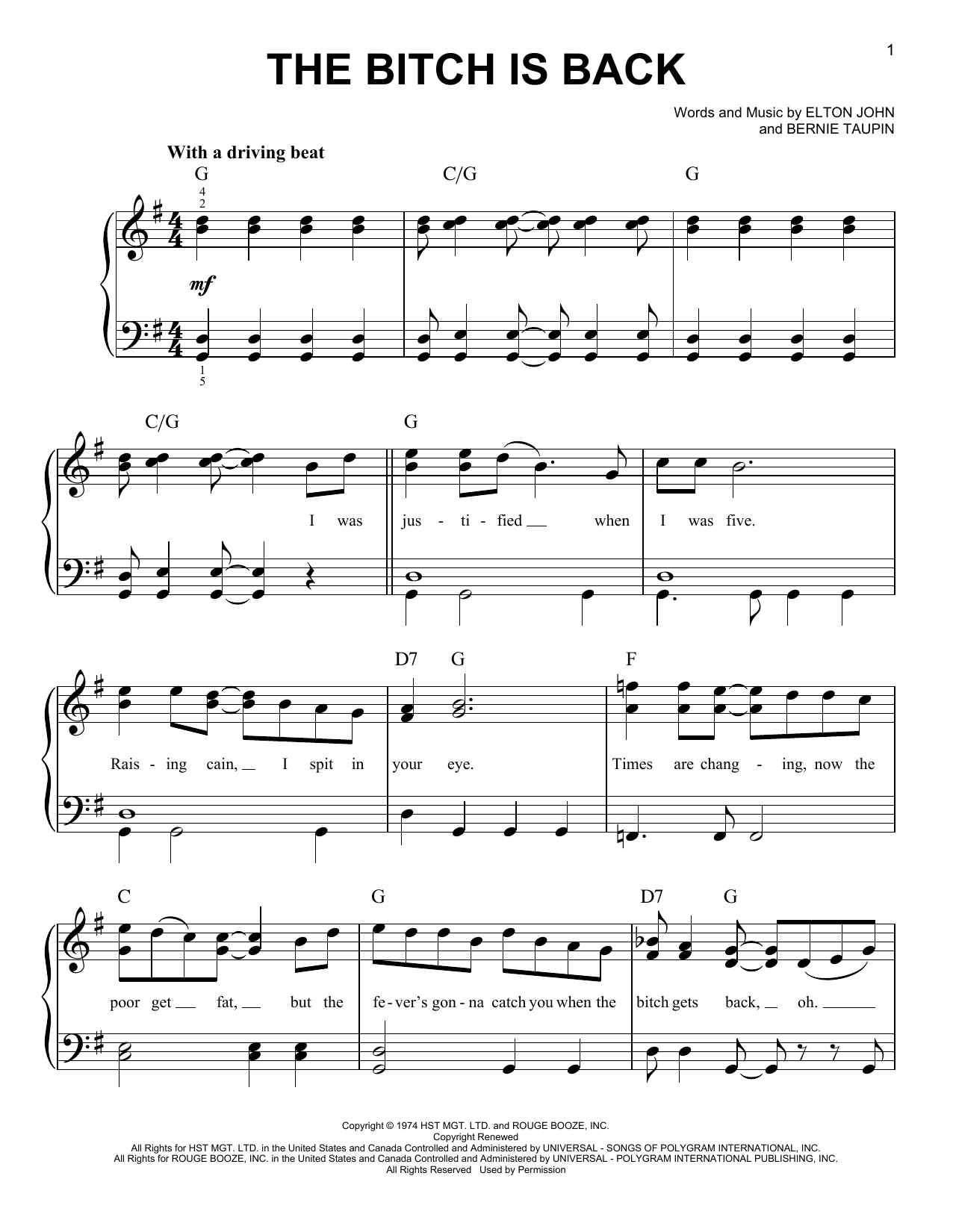 Taron Egerton & Sebastian Rich The Bitch Is Back (from Rocketman) Sheet Music Notes & Chords for Easy Piano - Download or Print PDF