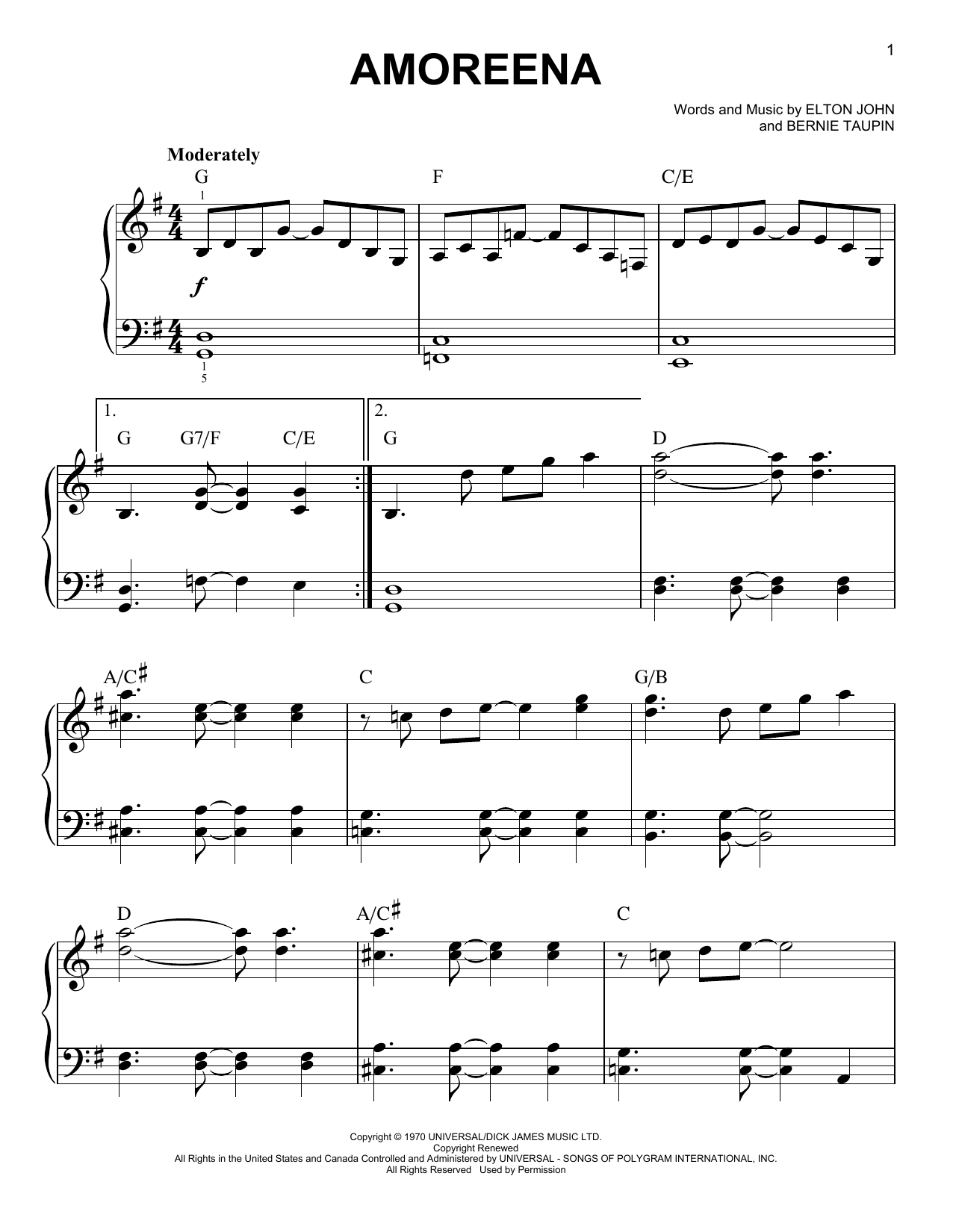 Taron Egerton Amoreena (from Rocketman) Sheet Music Notes & Chords for Easy Piano - Download or Print PDF