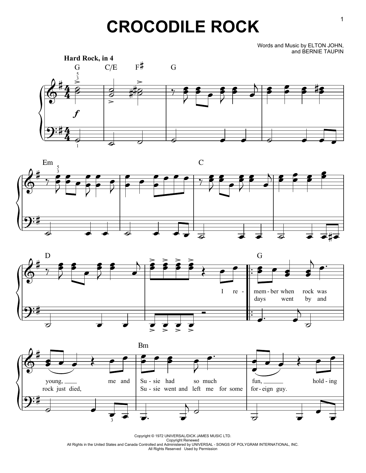 Taron Egerton Crocodile Rock (from Rocketman) Sheet Music Notes & Chords for Easy Piano - Download or Print PDF