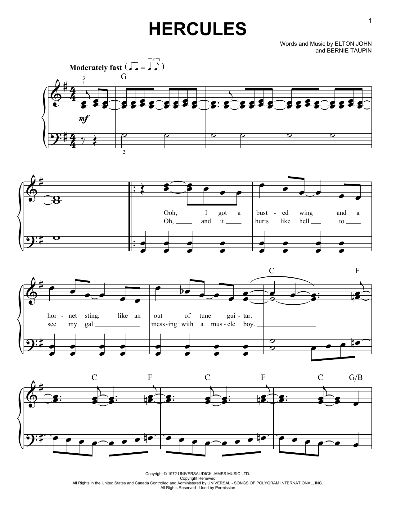 Taron Egerton Hercules (from Rocketman) Sheet Music Notes & Chords for Easy Piano - Download or Print PDF