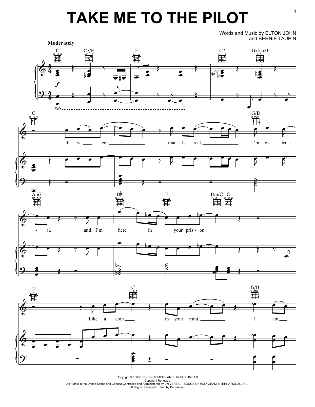 Taron Egerton Take Me To The Pilot (from Rocketman) Sheet Music Notes & Chords for Piano, Vocal & Guitar (Right-Hand Melody) - Download or Print PDF