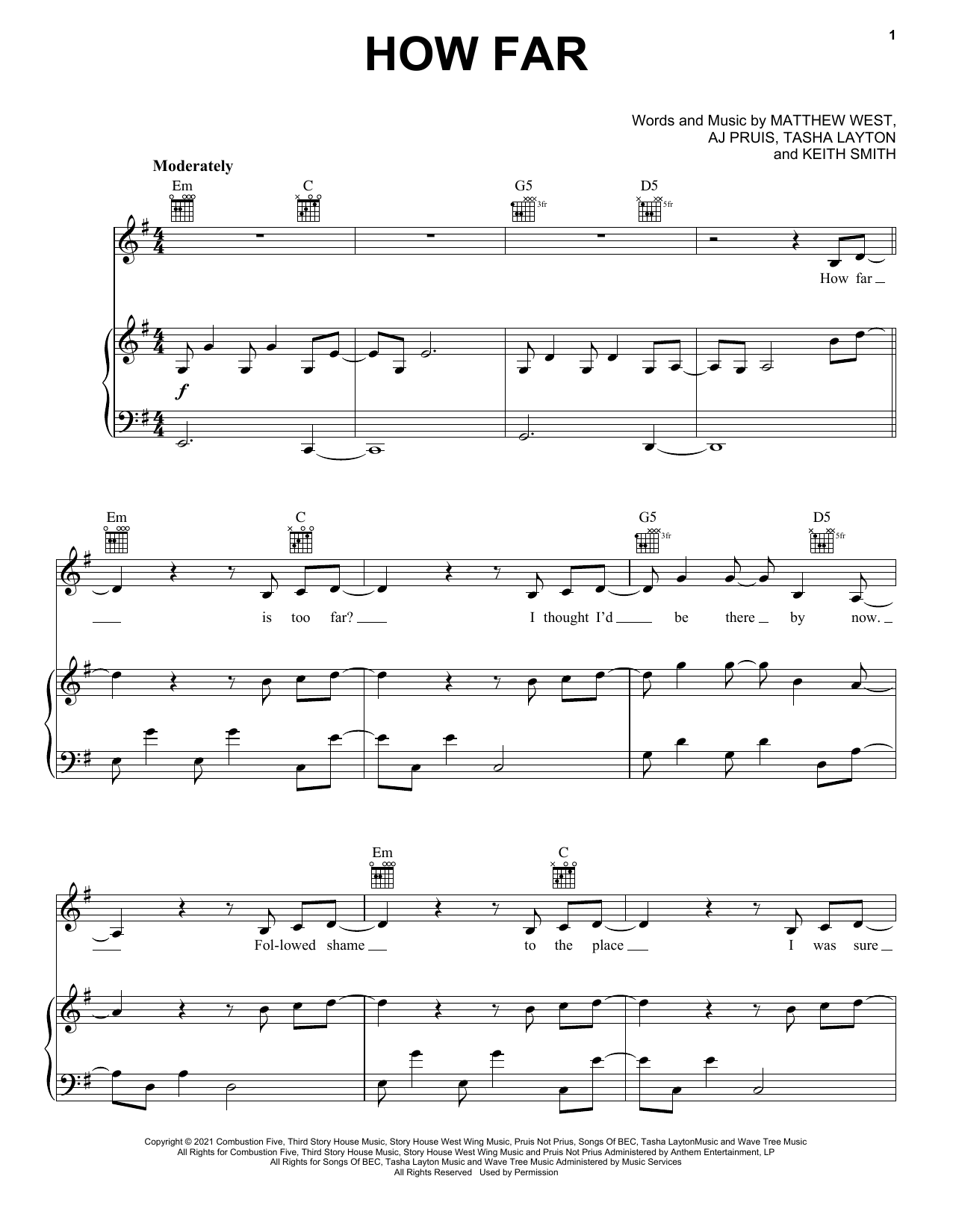 Tasha Layton How Far Sheet Music Notes & Chords for Piano, Vocal & Guitar Chords (Right-Hand Melody) - Download or Print PDF
