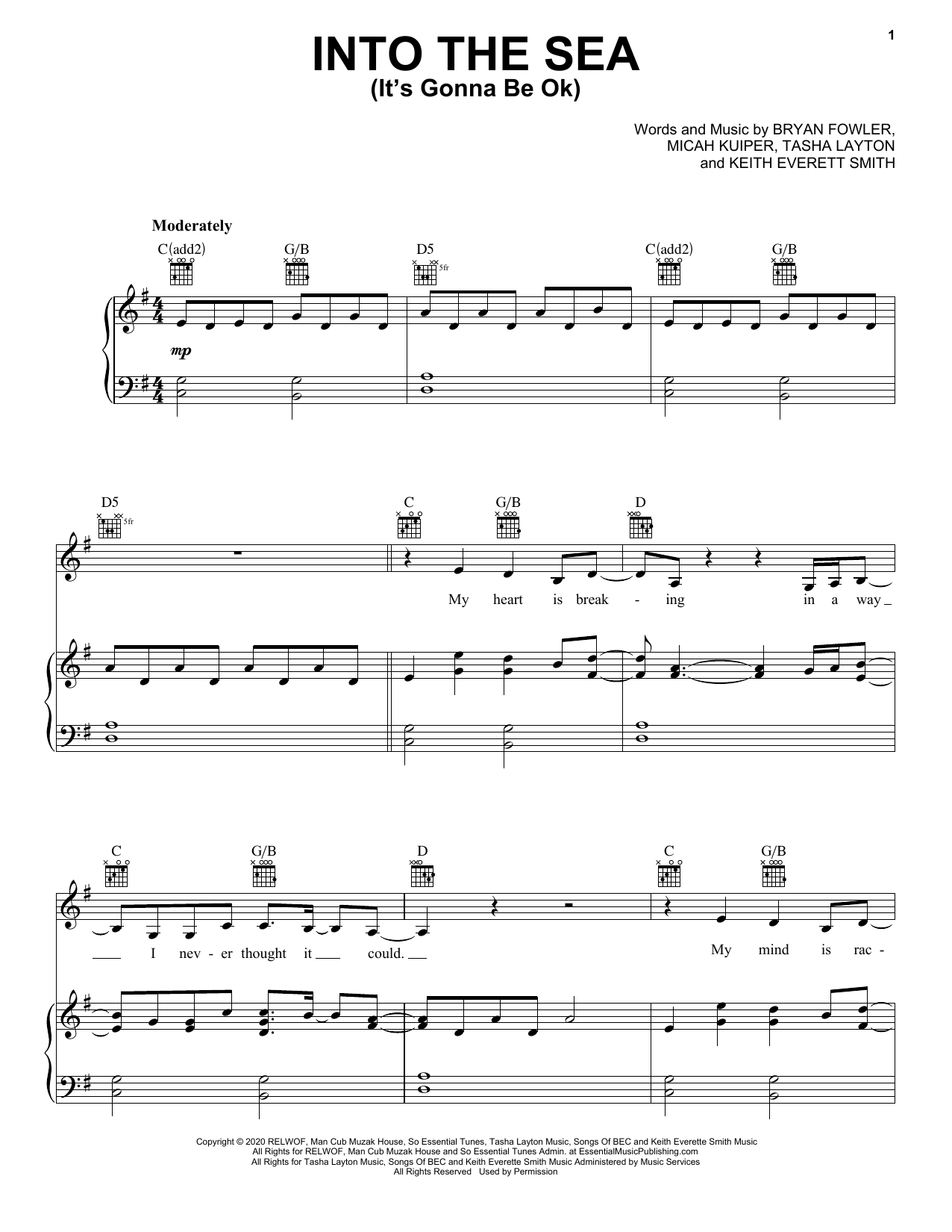 Tasha Layton Into The Sea (It's Gonna Be Ok) Sheet Music Notes & Chords for Piano, Vocal & Guitar (Right-Hand Melody) - Download or Print PDF
