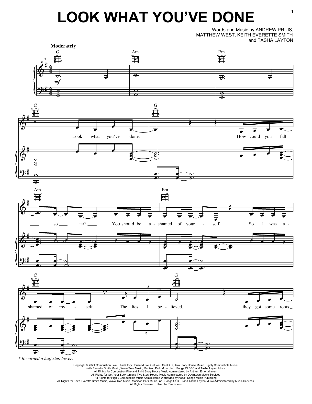 Tasha Layton Look What You've Done Sheet Music Notes & Chords for Piano, Vocal & Guitar Chords (Right-Hand Melody) - Download or Print PDF
