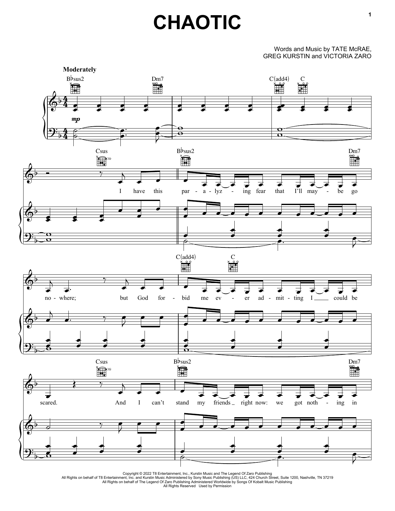 Tate McRae Chaotic Sheet Music Notes & Chords for Piano, Vocal & Guitar Chords (Right-Hand Melody) - Download or Print PDF