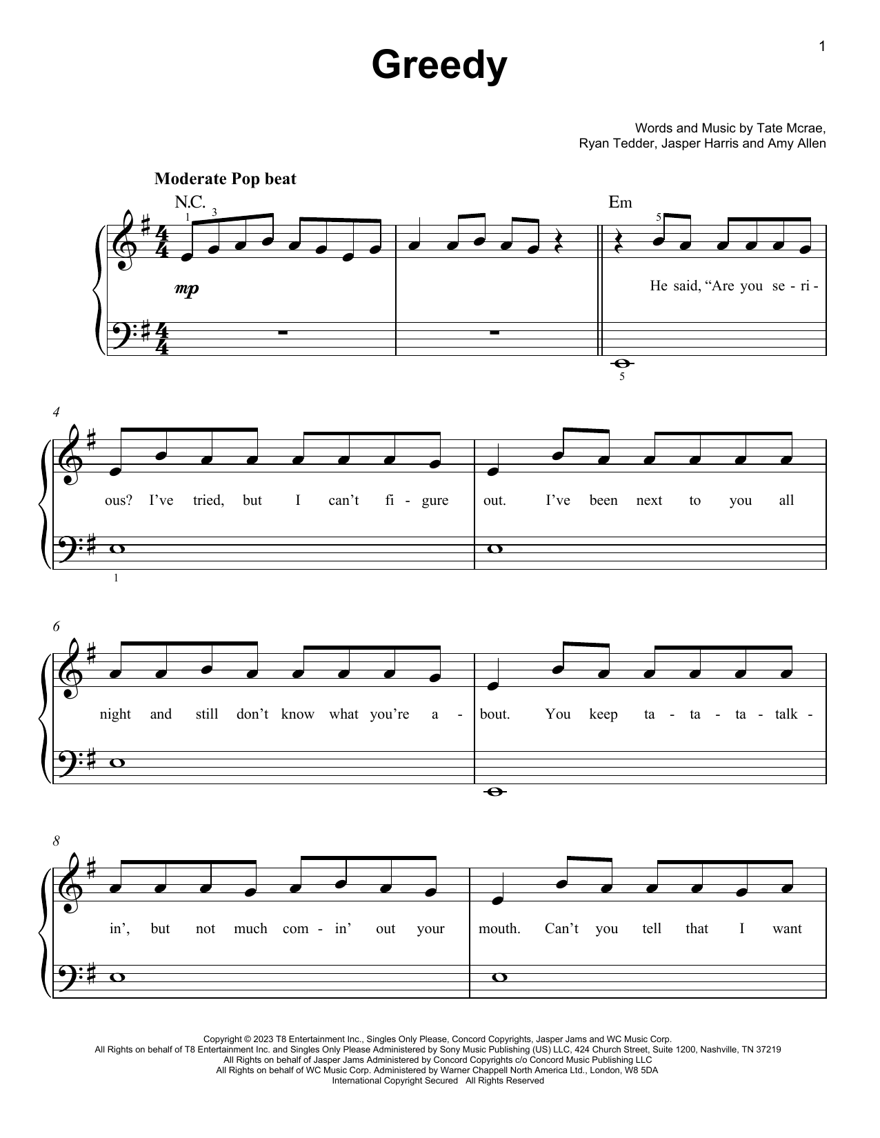 Tate McRae greedy Sheet Music Notes & Chords for Piano, Vocal & Guitar Chords (Right-Hand Melody) - Download or Print PDF