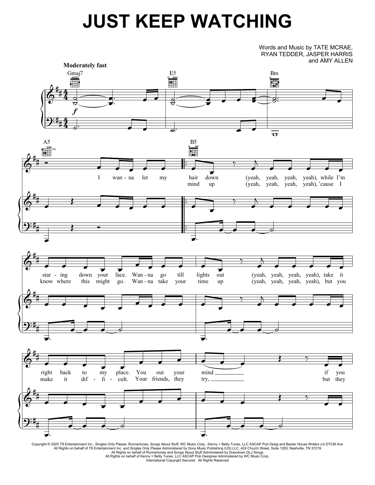 Tate McRae Just Keep Watching (from F1: The Movie) Sheet Music Notes & Chords for Piano, Vocal & Guitar Chords (Right-Hand Melody) - Download or Print PDF Tate McRae Just Keep Watching (from F1: The Movie) Sheet Music Notes & Chords for Piano, Vocal & Guitar Chords (Right-Hand Melody) - Download or Print PDF
