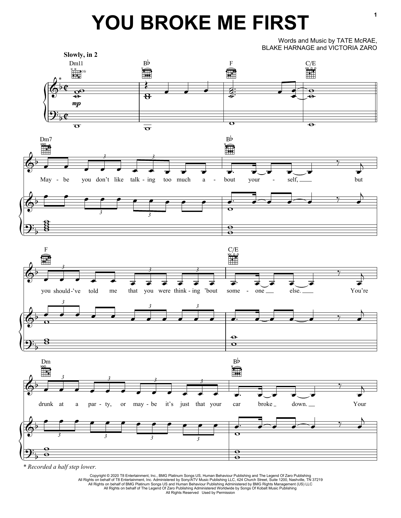 Tate McRae You Broke Me First Sheet Music Notes & Chords for Piano, Vocal & Guitar (Right-Hand Melody) - Download or Print PDF