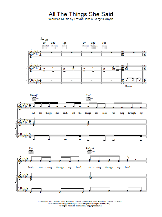 Tatu All The Things She Said Sheet Music Notes & Chords for Lead Sheet / Fake Book - Download or Print PDF