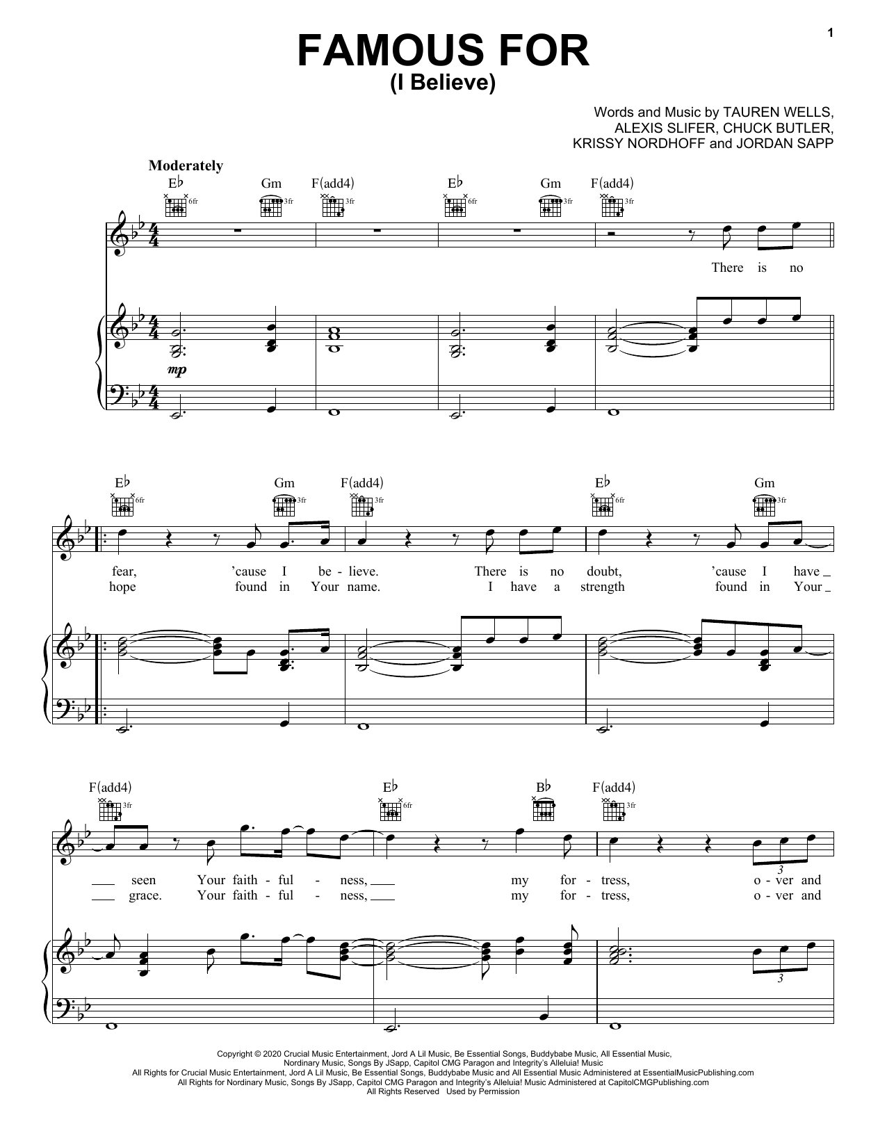 Tauren Wells Famous For (I Believe) (feat. Jenn Johnson) Sheet Music Notes & Chords for Piano, Vocal & Guitar (Right-Hand Melody) - Download or Print PDF