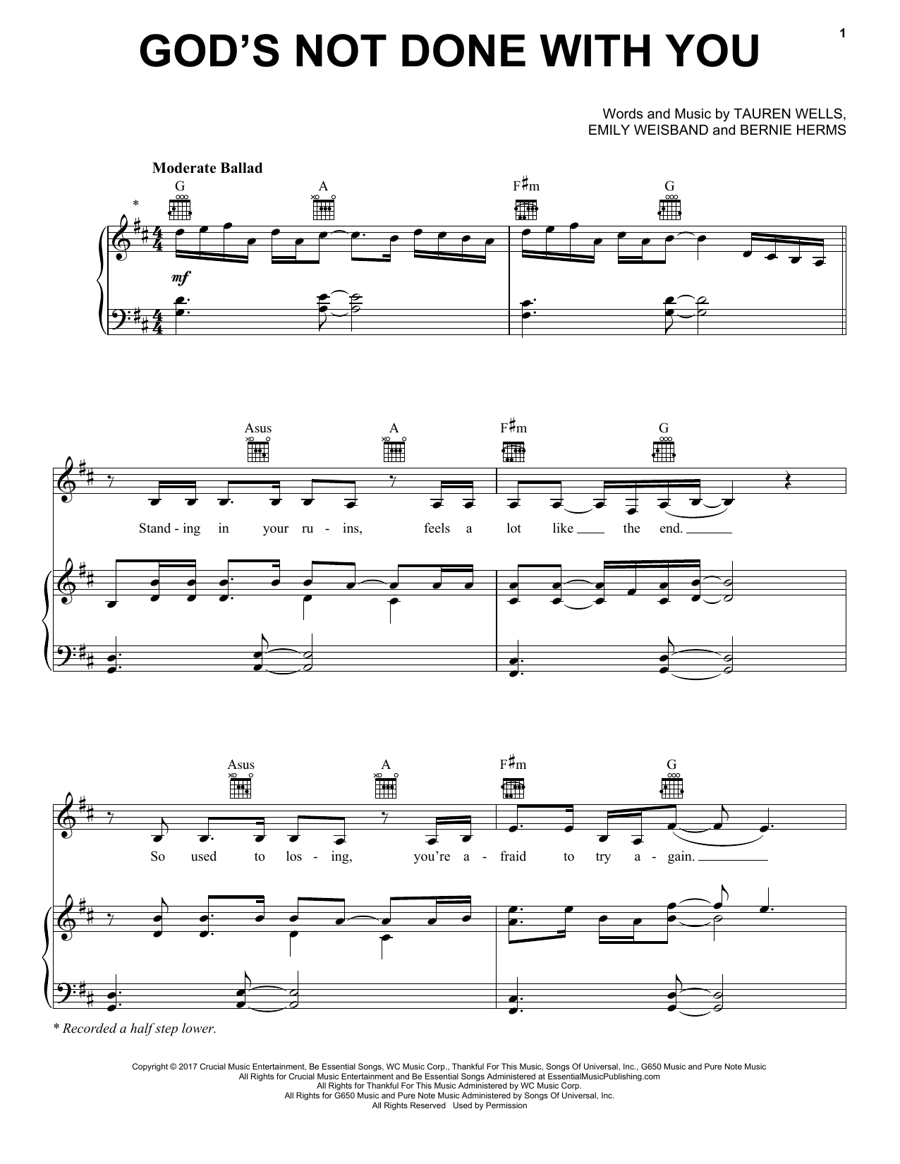 Tauren Wells God's Not Done With You Sheet Music Notes & Chords for Piano, Vocal & Guitar (Right-Hand Melody) - Download or Print PDF