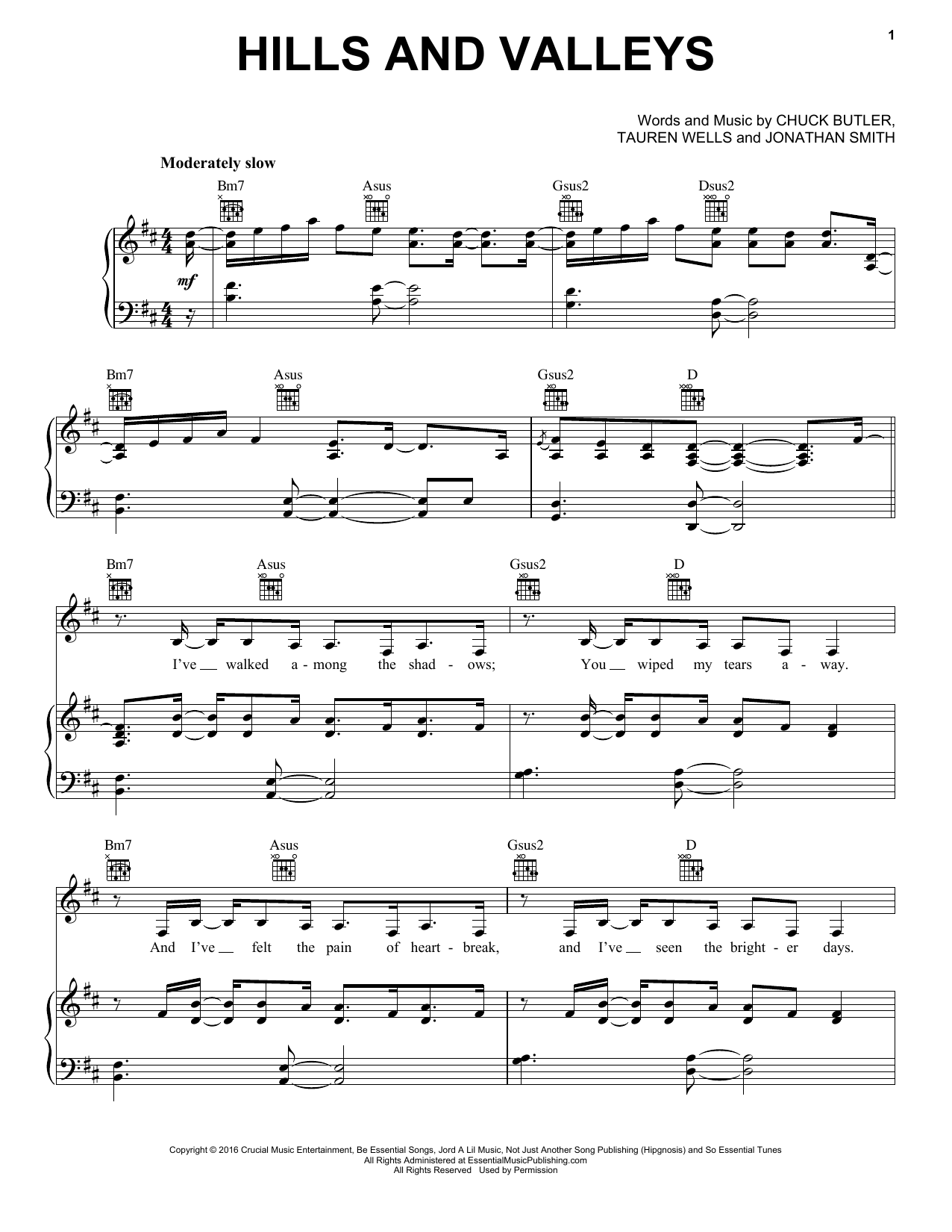 Tauren Wells Hills And Valleys Sheet Music Notes & Chords for Piano, Vocal & Guitar (Right-Hand Melody) - Download or Print PDF