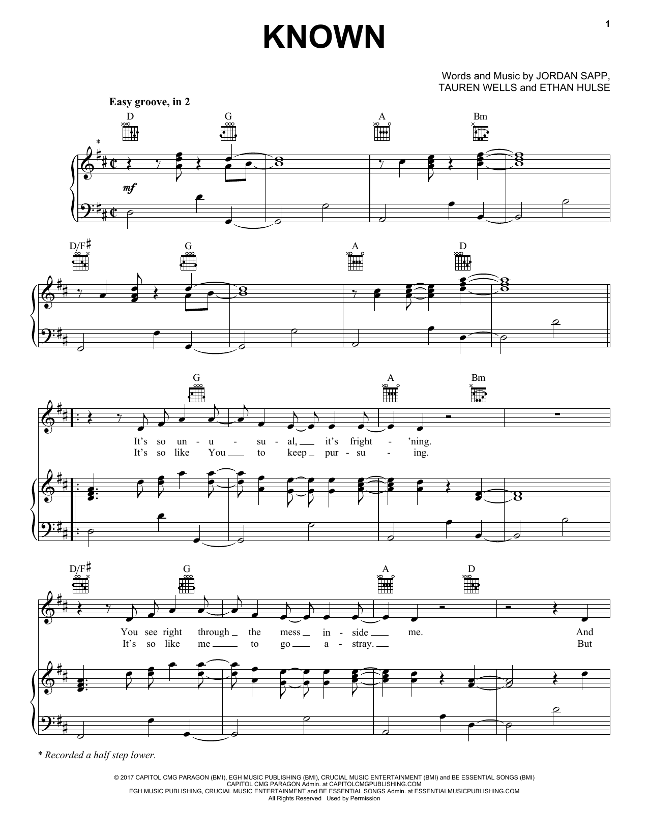 Tauren Wells Known Sheet Music Notes & Chords for Piano, Vocal & Guitar (Right-Hand Melody) - Download or Print PDF