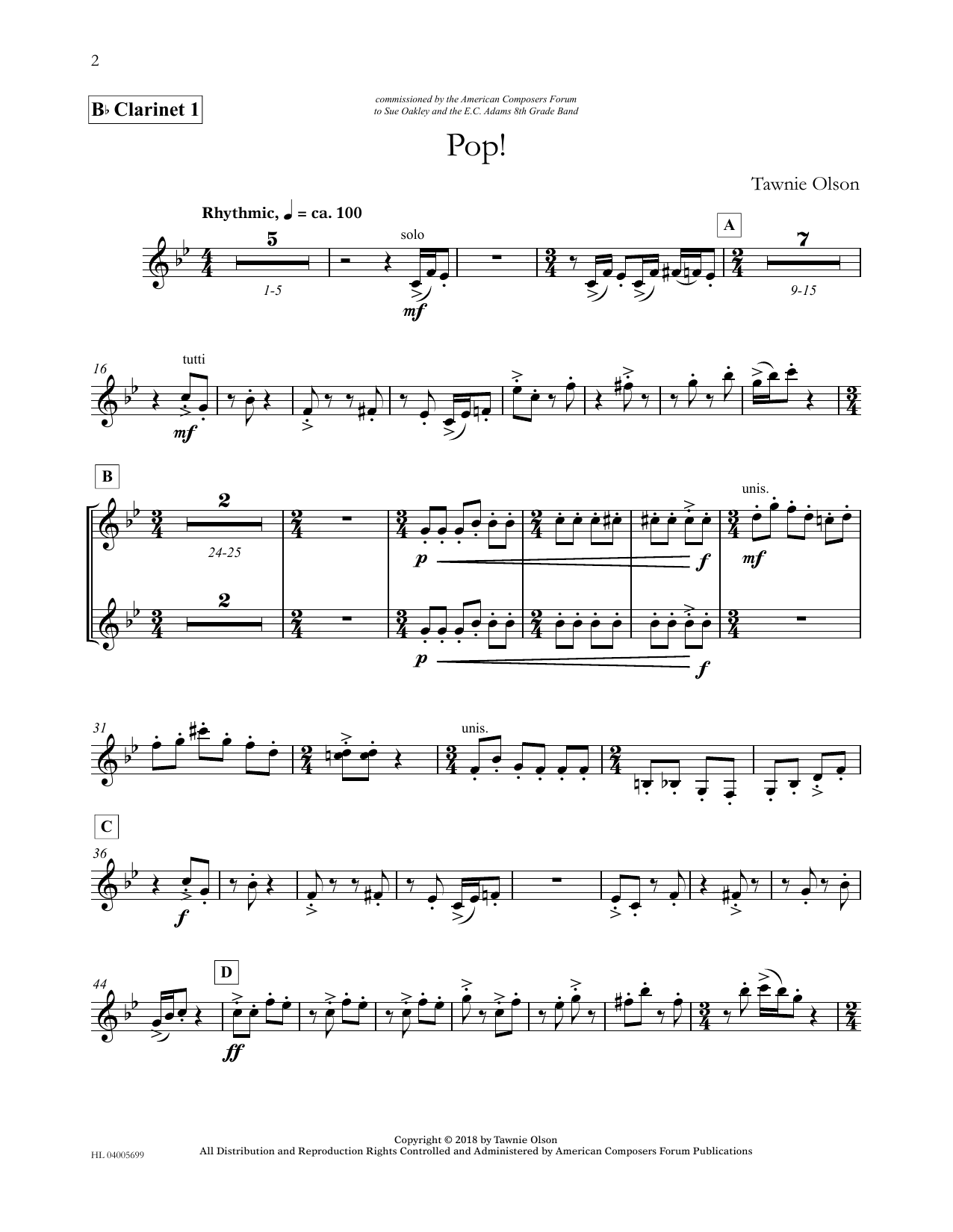 Tawnie Olson Pop! - Bb Clarinet 1 (Divisi) Sheet Music Notes & Chords for Concert Band - Download or Print PDF