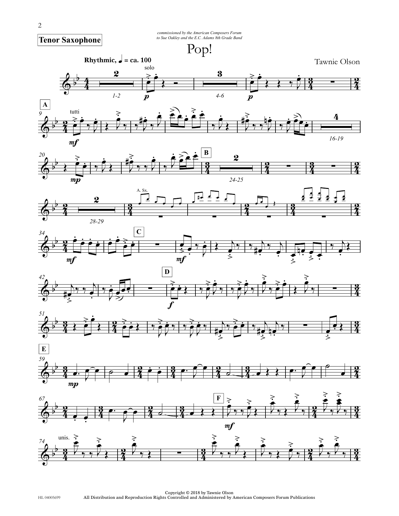 Tawnie Olson Pop! - Bb Tenor Saxophone (Divisi) Sheet Music Notes & Chords for Concert Band - Download or Print PDF