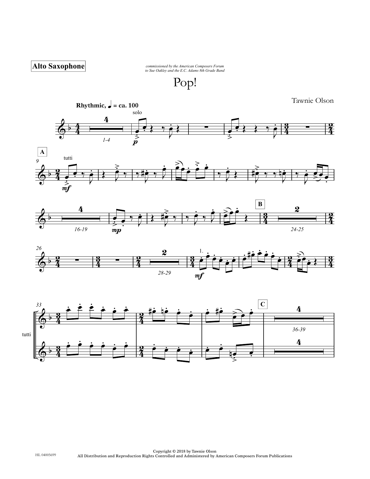 Tawnie Olson Pop! - Eb Alto Saxophone (Divisi) Sheet Music Notes & Chords for Concert Band - Download or Print PDF Tawnie Olson Pop! - Eb Alto Saxophone (Divisi) Sheet Music Notes & Chords for Concert Band - Download or Print PDF
