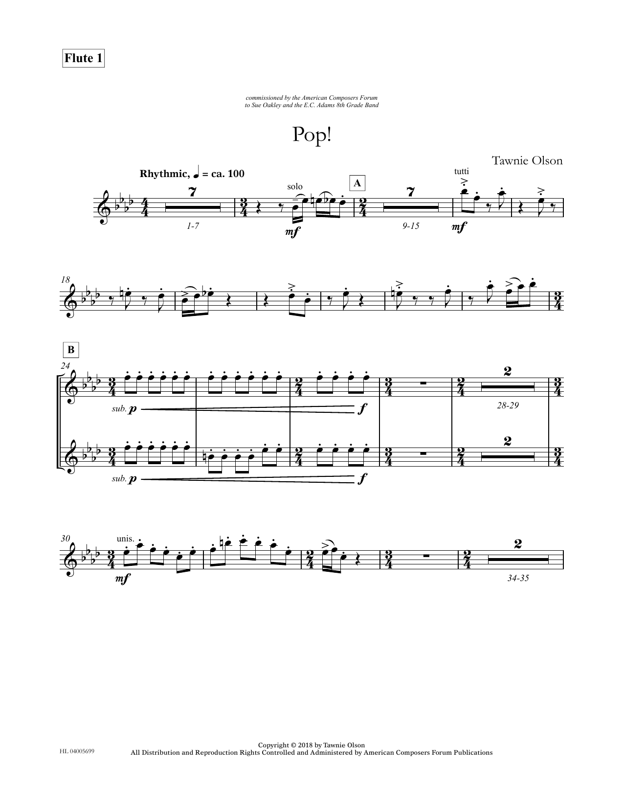 Tawnie Olson Pop! - Flute 1 (Divisi) Sheet Music Notes & Chords for Concert Band - Download or Print PDF
