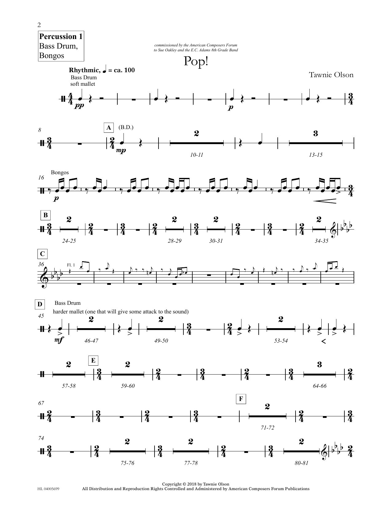 Tawnie Olson Pop! - Percussion 1 Bass Drum, Bongo Sheet Music Notes & Chords for Concert Band - Download or Print PDF
