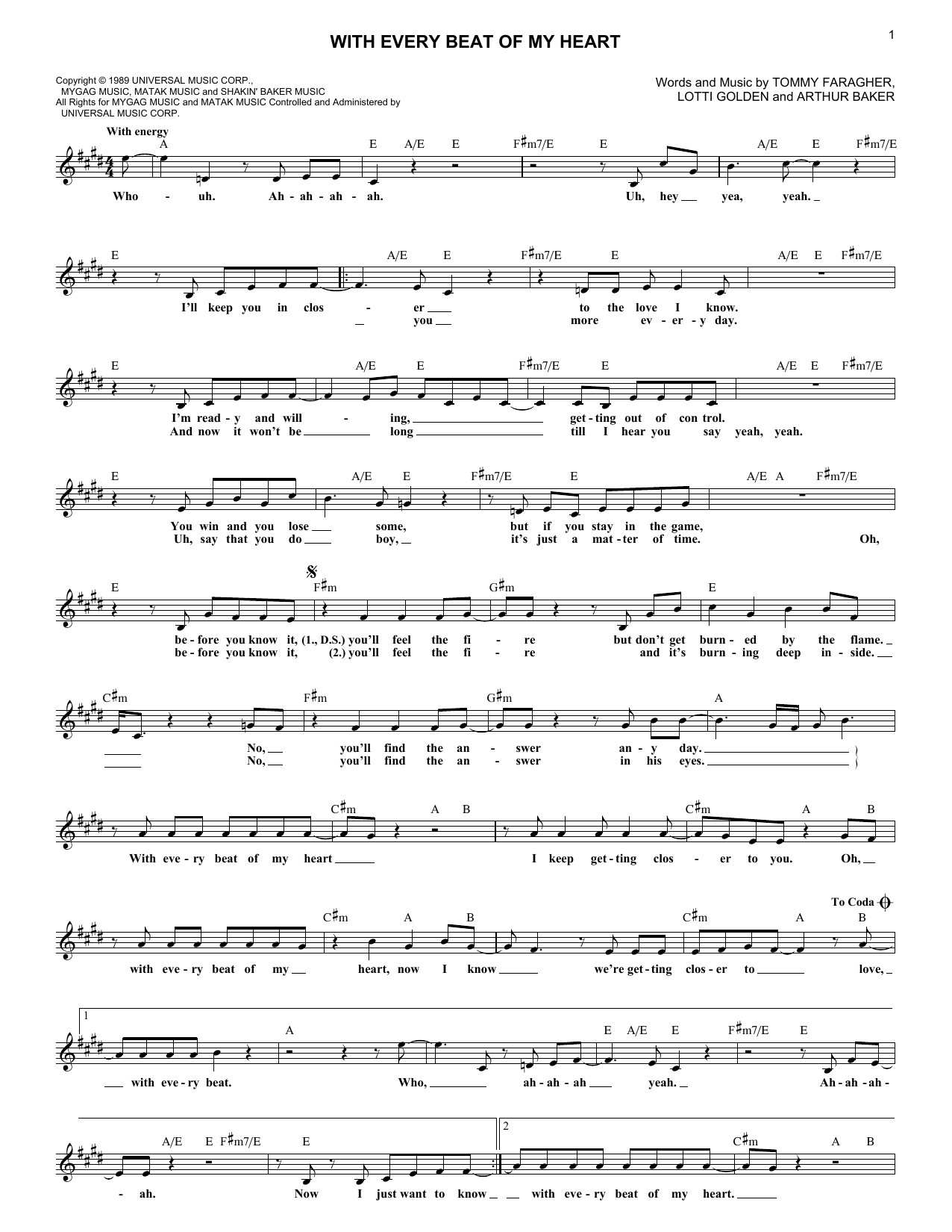 Taylor Dane With Every Beat Of My Heart Sheet Music Notes & Chords for Melody Line, Lyrics & Chords - Download or Print PDF