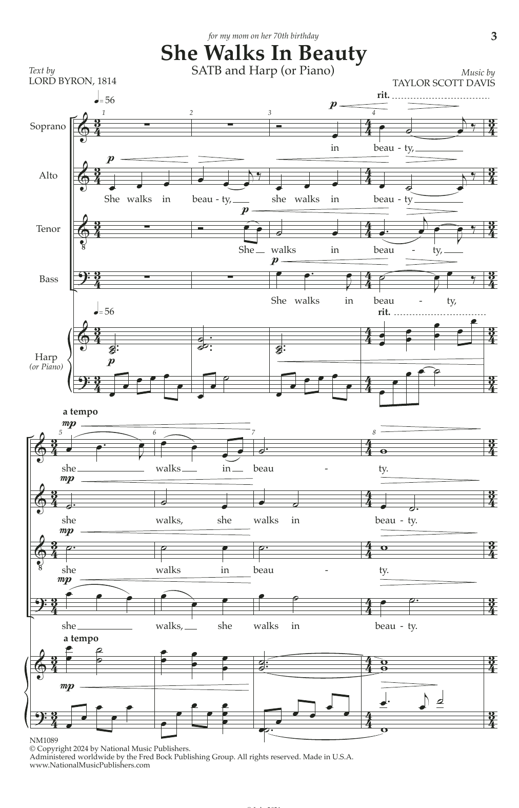 Taylor Davis She Walks in Beauty Sheet Music Notes & Chords for SATB Choir - Download or Print PDF