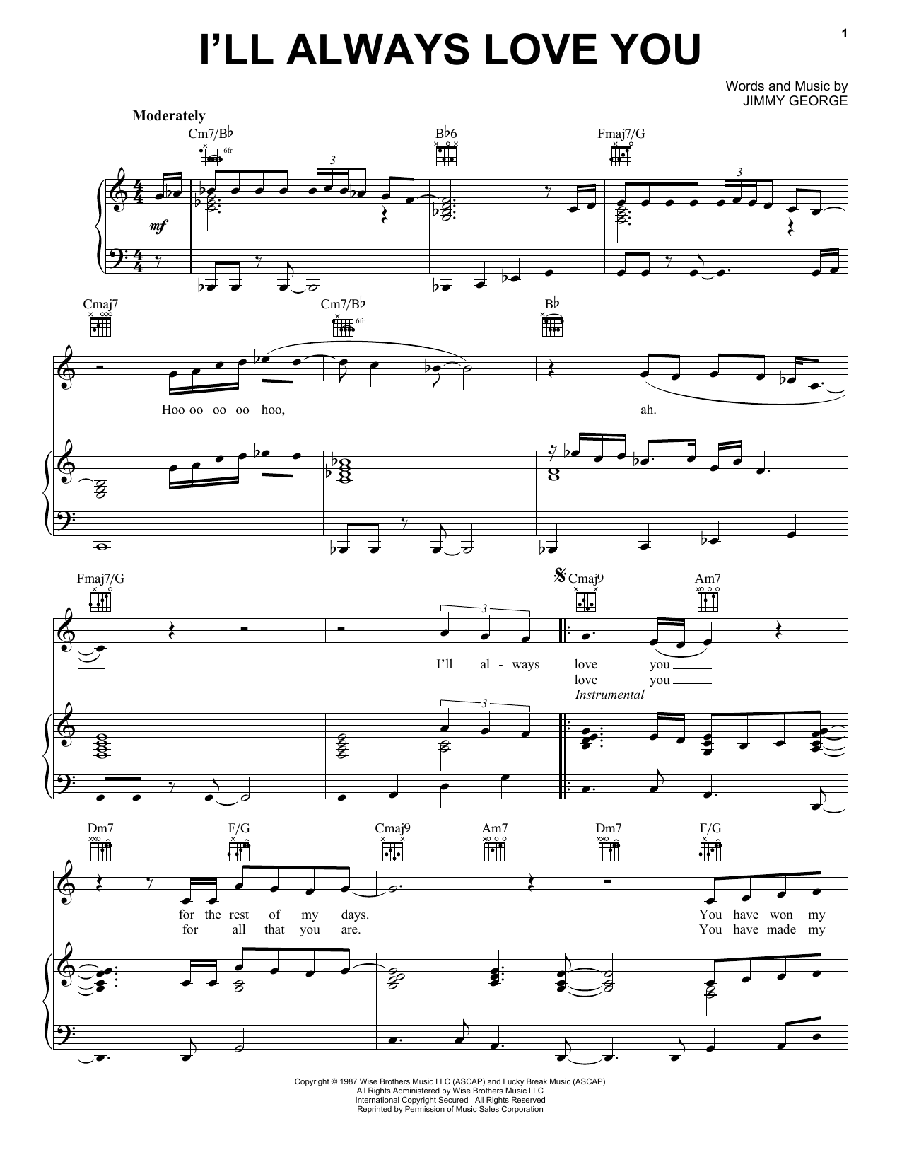 Taylor Dayne I'll Always Love You Sheet Music Notes & Chords for Piano, Vocal & Guitar Chords (Right-Hand Melody) - Download or Print PDF
