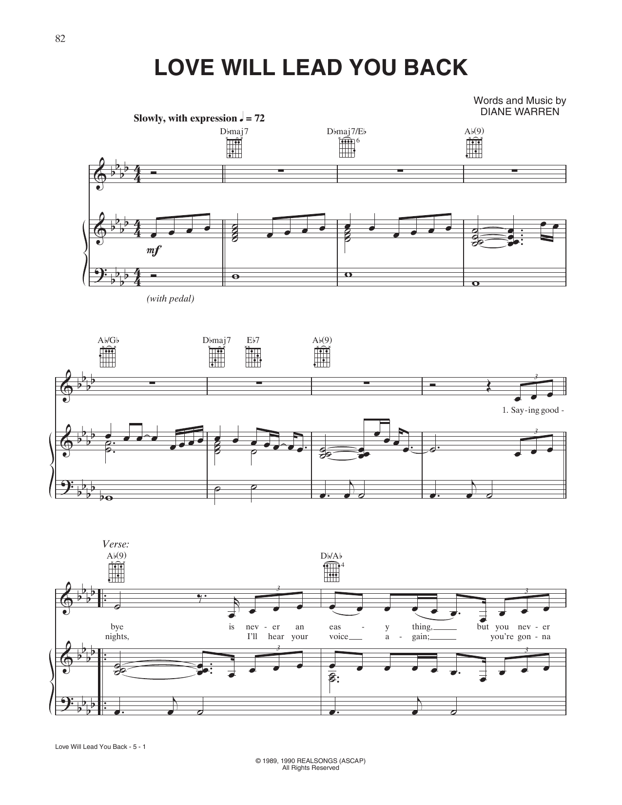 Taylor Dayne Love Will Lead You Back Sheet Music Notes & Chords for Piano, Vocal & Guitar Chords (Right-Hand Melody) - Download or Print PDF