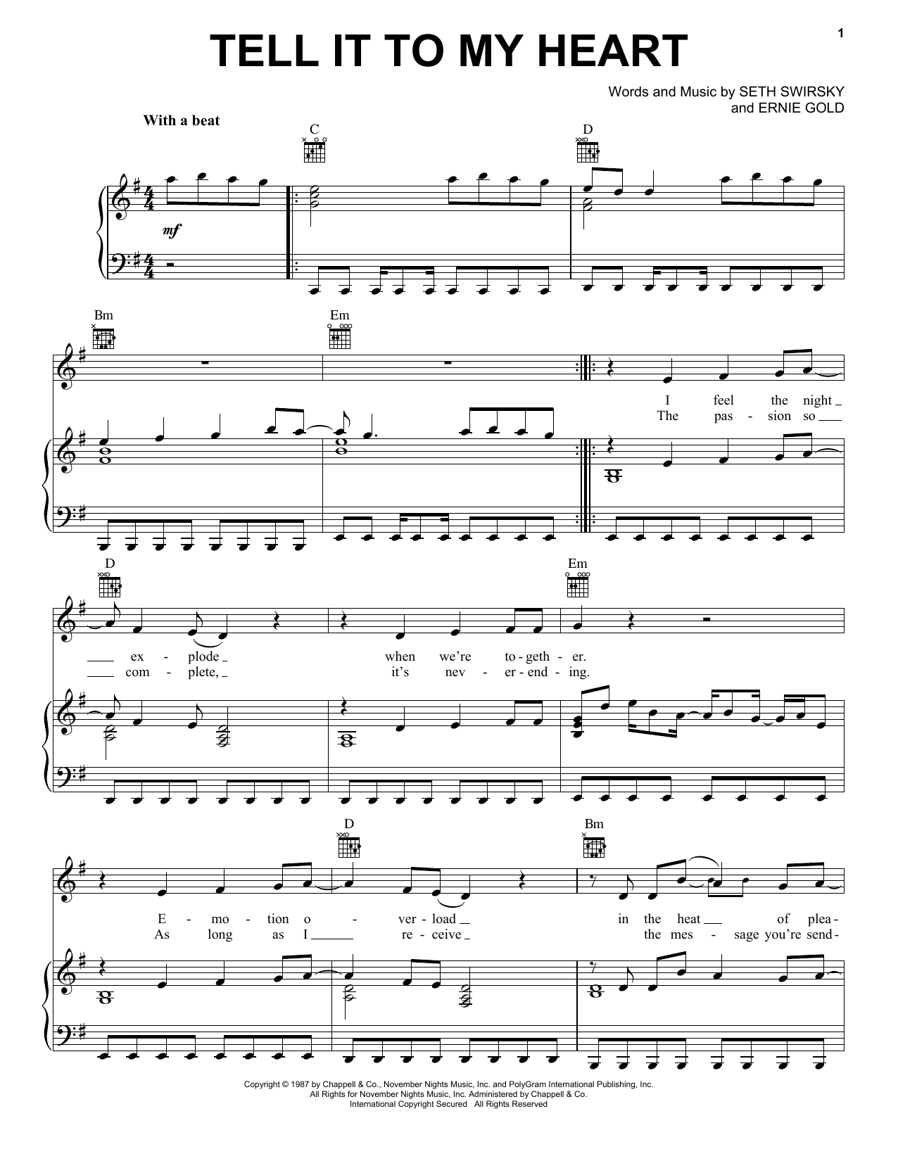 Taylor Dayne Tell It To My Heart Sheet Music Notes & Chords for Piano, Vocal & Guitar Chords (Right-Hand Melody) - Download or Print PDF