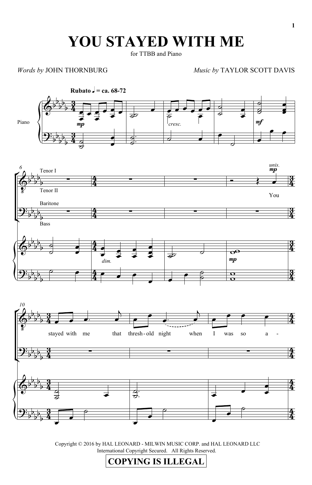 Taylor Scott Davis You Stayed With Me Sheet Music Notes & Chords for TTBB - Download or Print PDF