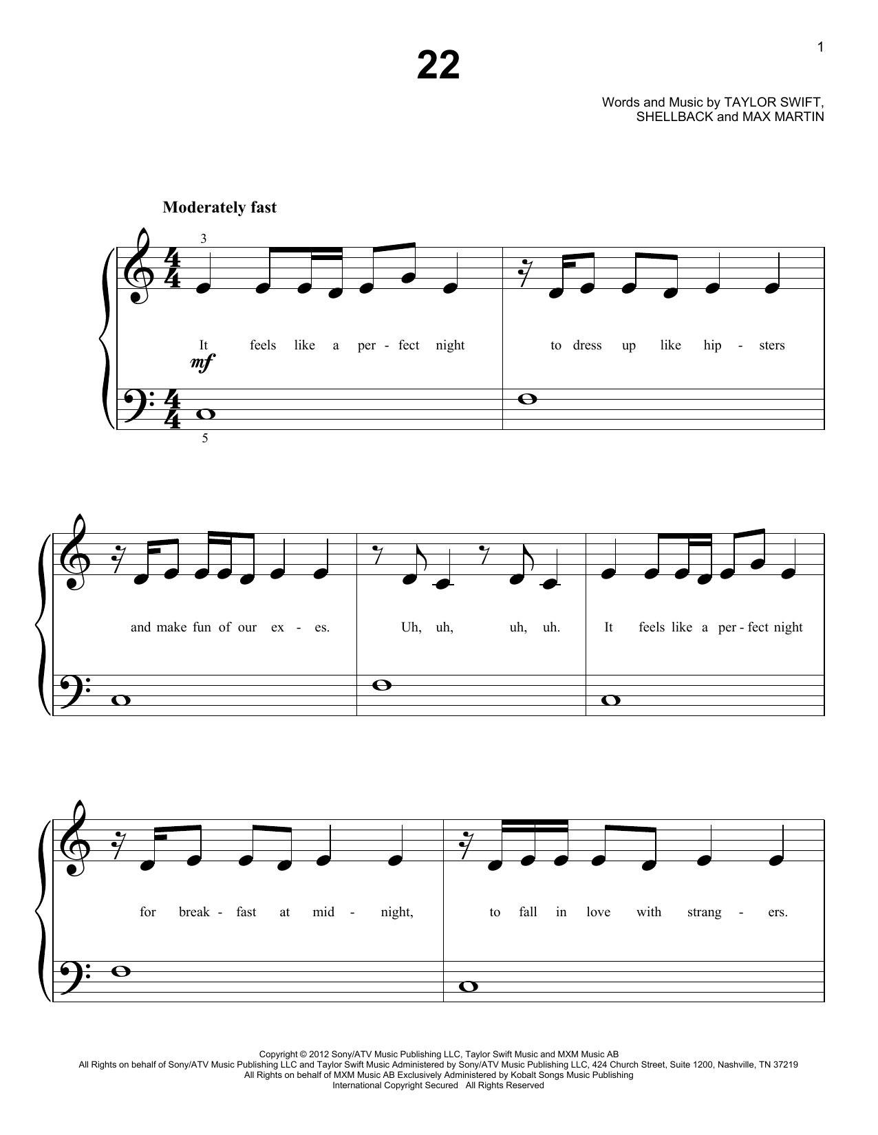 Taylor Swift 22 Sheet Music Notes & Chords for Piano (Big Notes) - Download or Print PDF