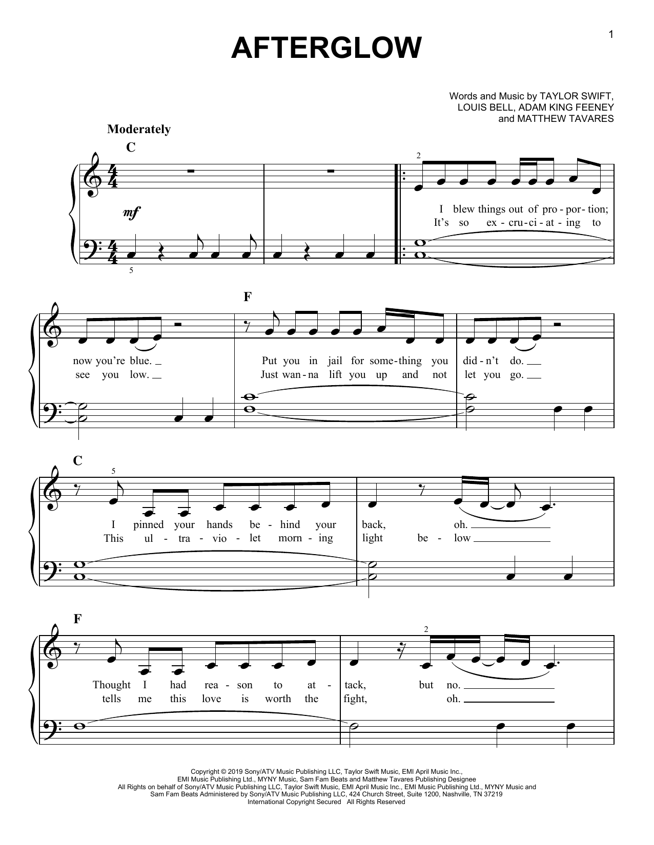 Taylor Swift Afterglow Sheet Music Notes & Chords for Piano, Vocal & Guitar (Right-Hand Melody) - Download or Print PDF
