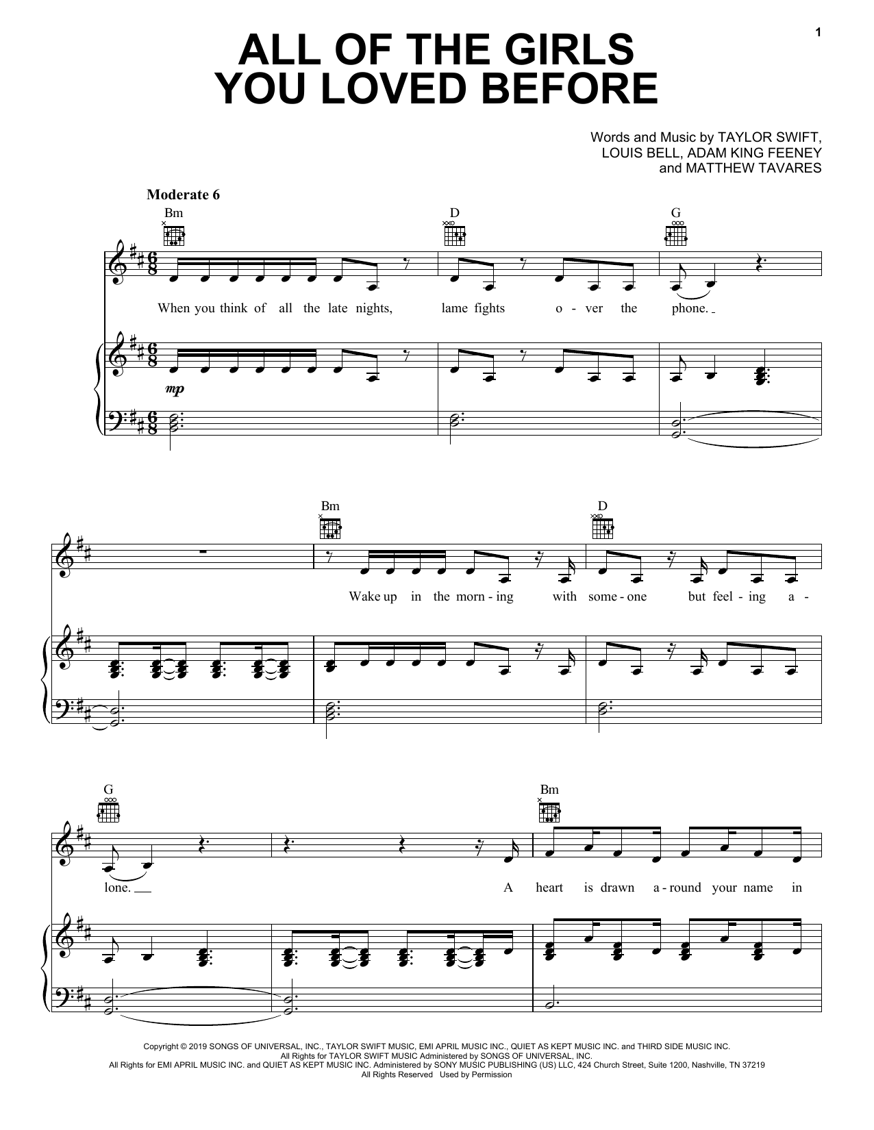 Taylor Swift All Of The Girls You Loved Before Sheet Music Notes & Chords for Piano, Vocal & Guitar Chords (Right-Hand Melody) - Download or Print PDF