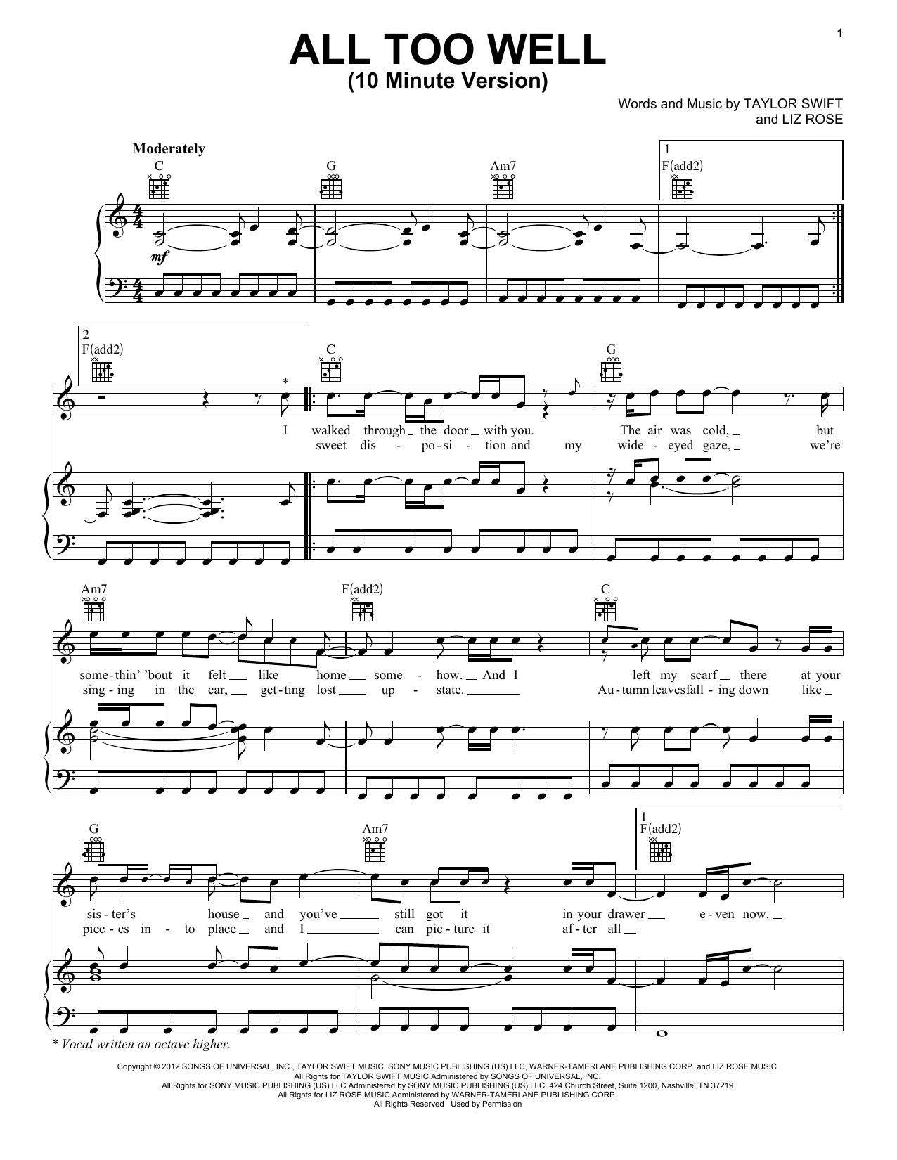 Taylor Swift All Too Well (10 Minute Version) (Taylor's Version) (From The Vault) Sheet Music Notes & Chords for Piano, Vocal & Guitar Chords (Right-Hand Melody) - Download or Print PDF