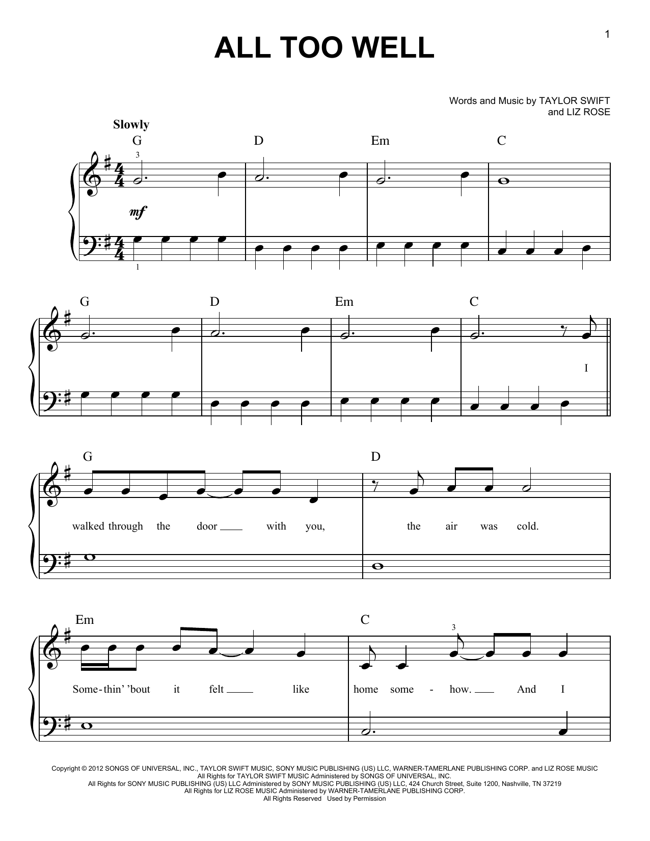 Taylor Swift All Too Well Sheet Music Notes & Chords for Guitar Tab - Download or Print PDF