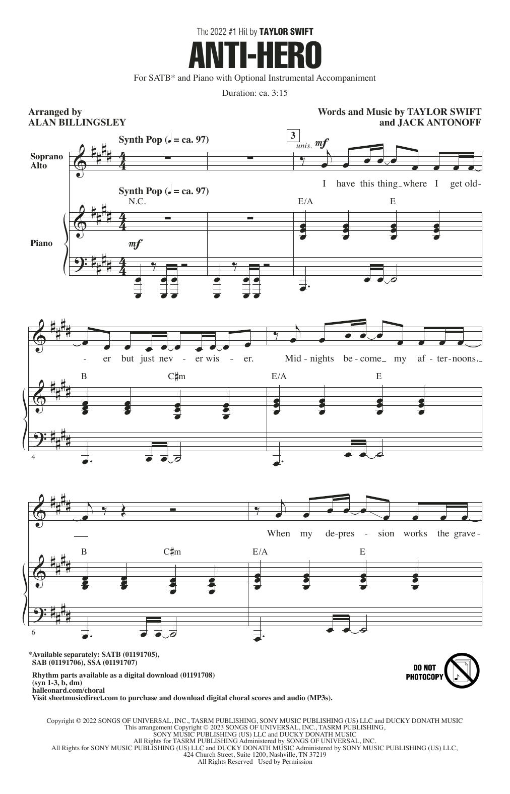 Taylor Swift Anti-Hero (arr. Alan Billingsley) Sheet Music Notes & Chords for SSA Choir - Download or Print PDF