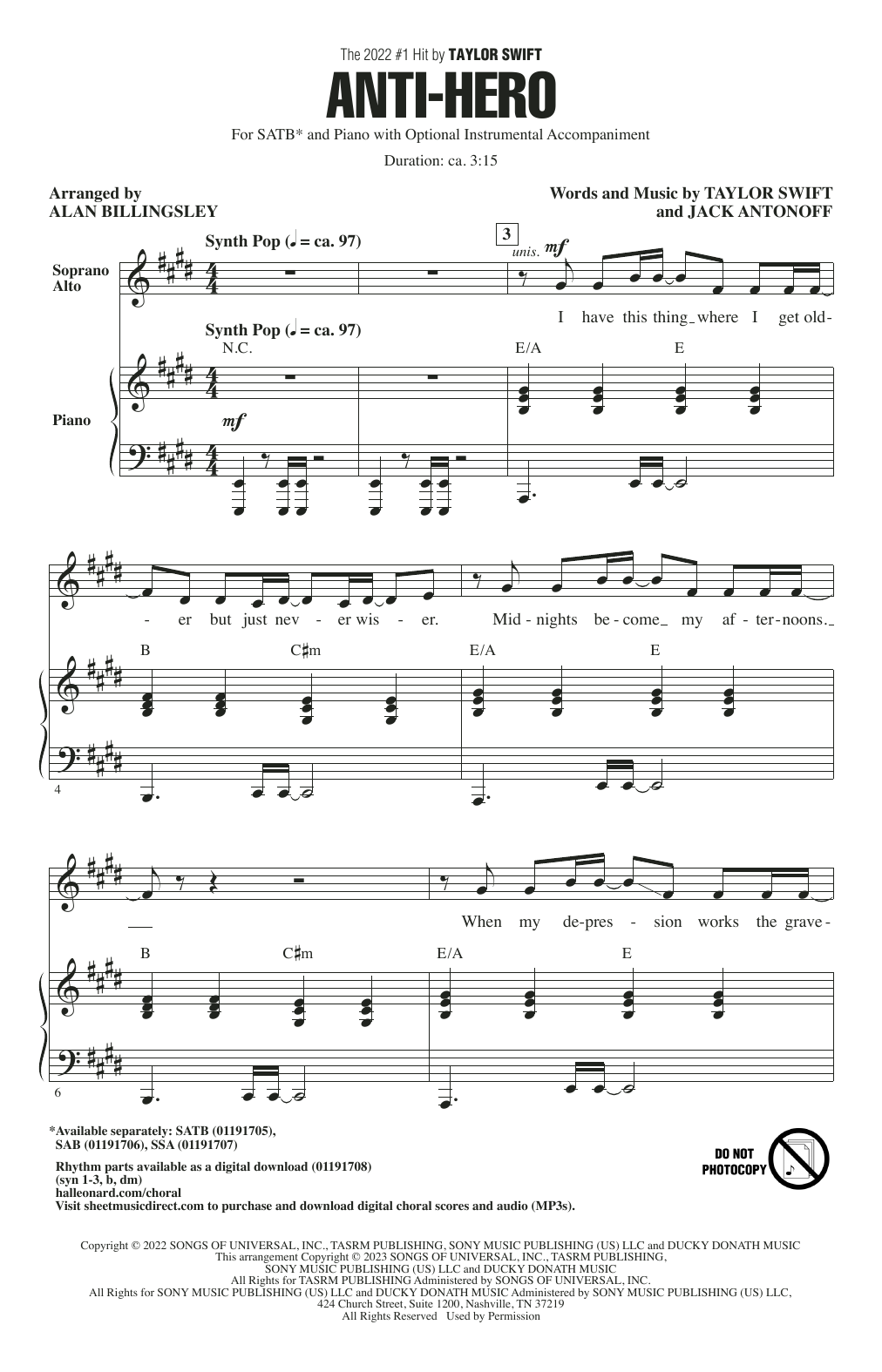 Taylor Swift Anti-Hero (arr. Alan Billingsley) Sheet Music Notes & Chords for SATB Choir - Download or Print PDF