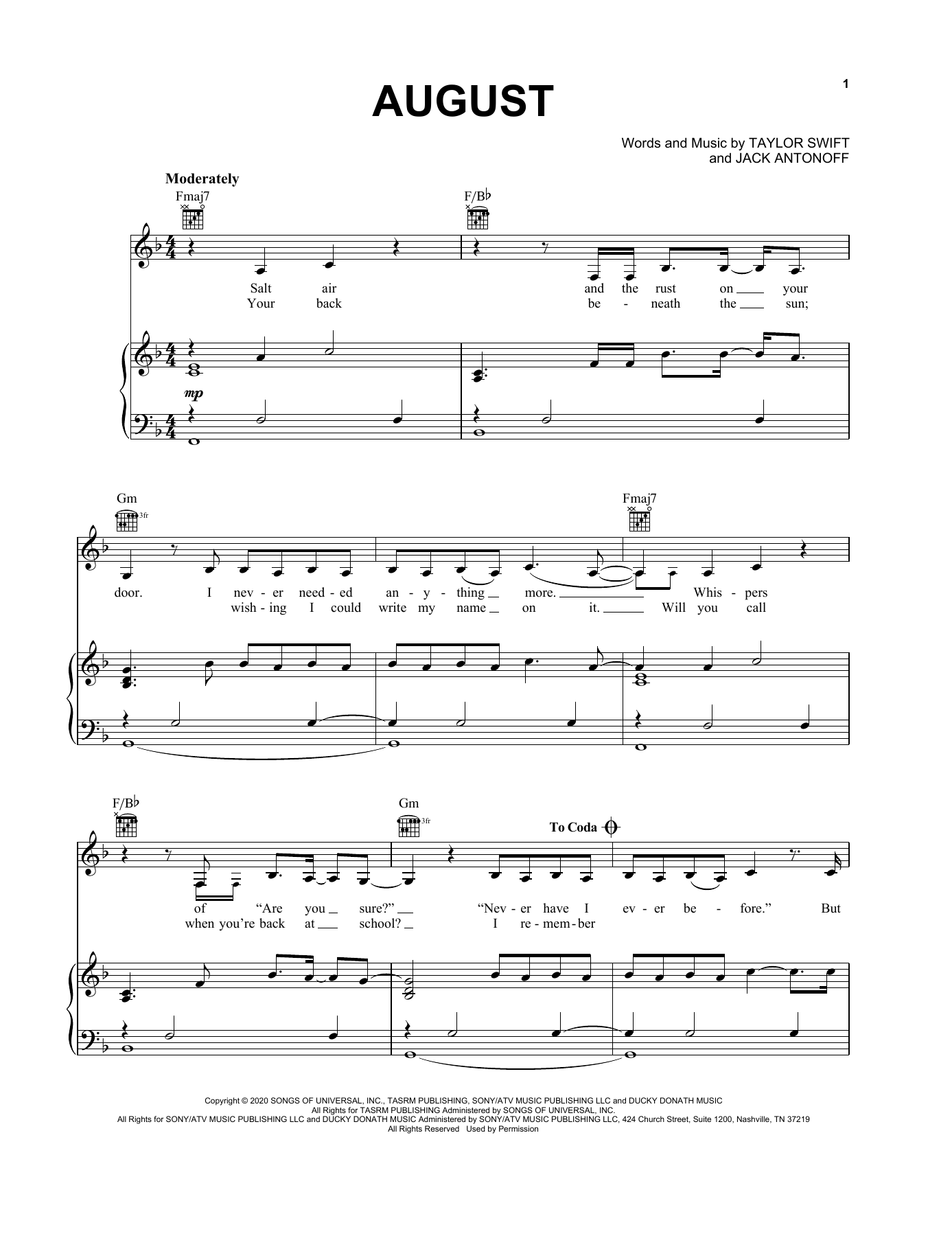 Taylor Swift august Sheet Music Notes & Chords for Easy Piano - Download or Print PDF