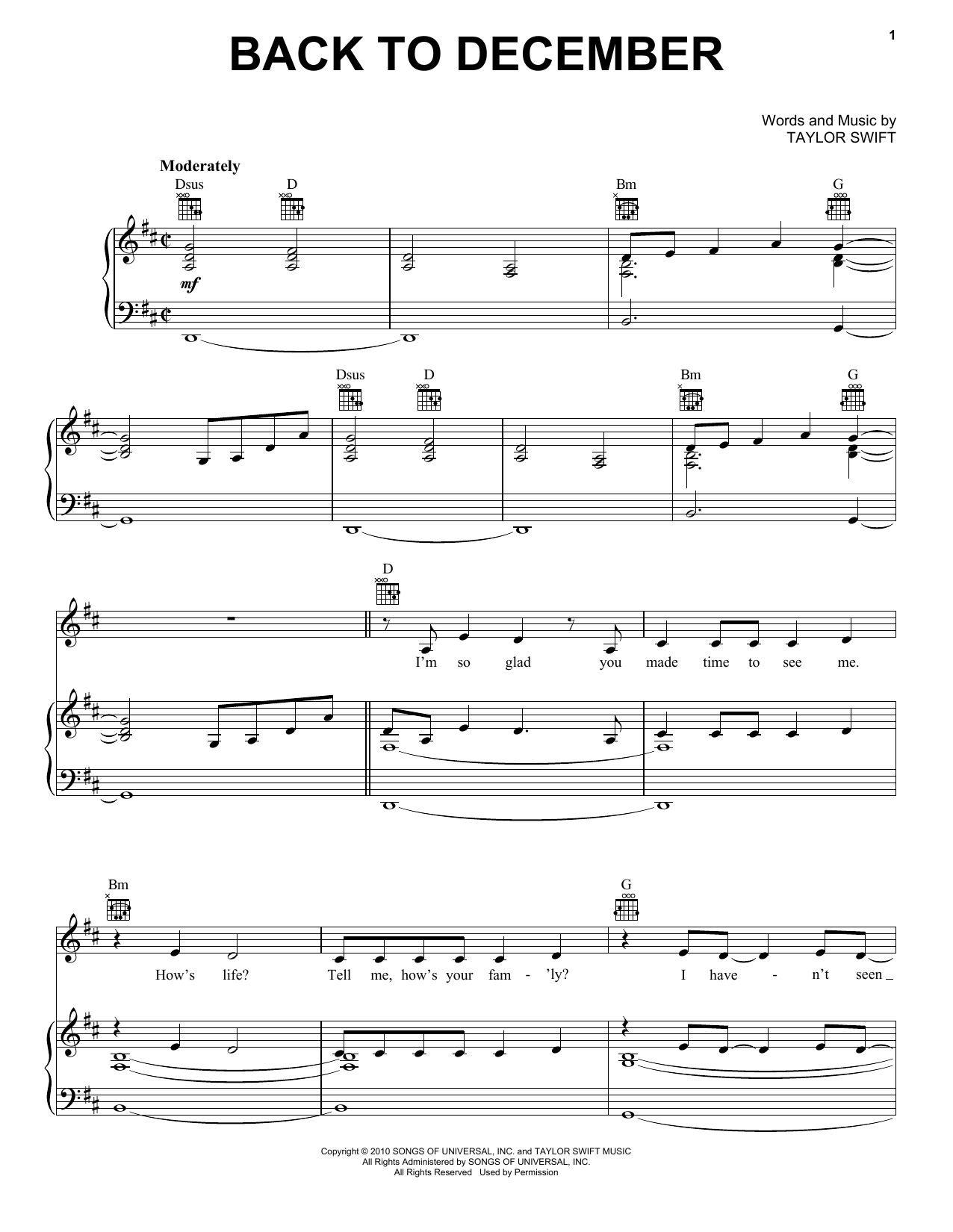 Taylor Swift Back To December Sheet Music Notes & Chords for Piano - Download or Print PDF